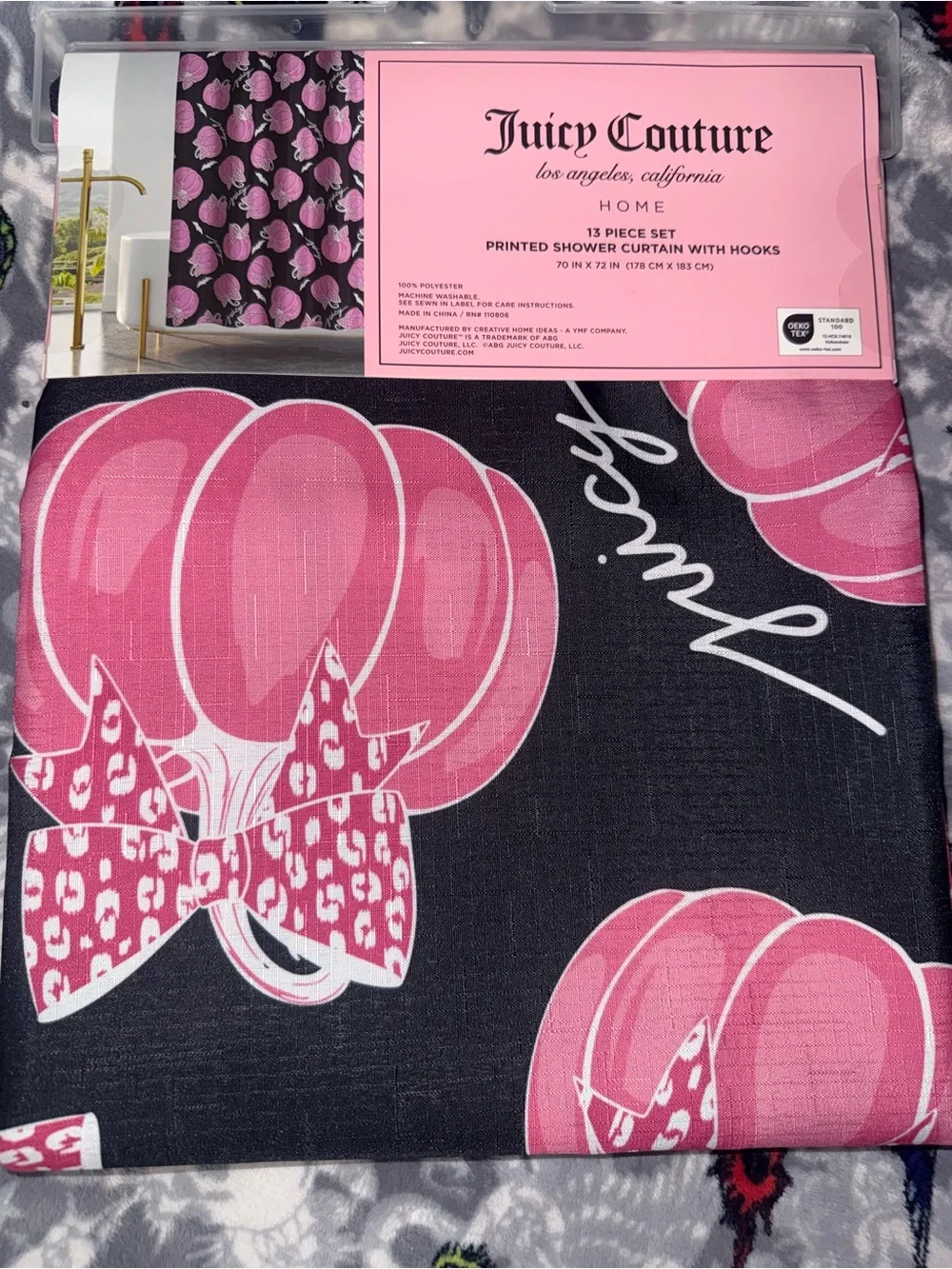 Juicy Couture Pink and Black Printed Shower Curtain with Bow Motif